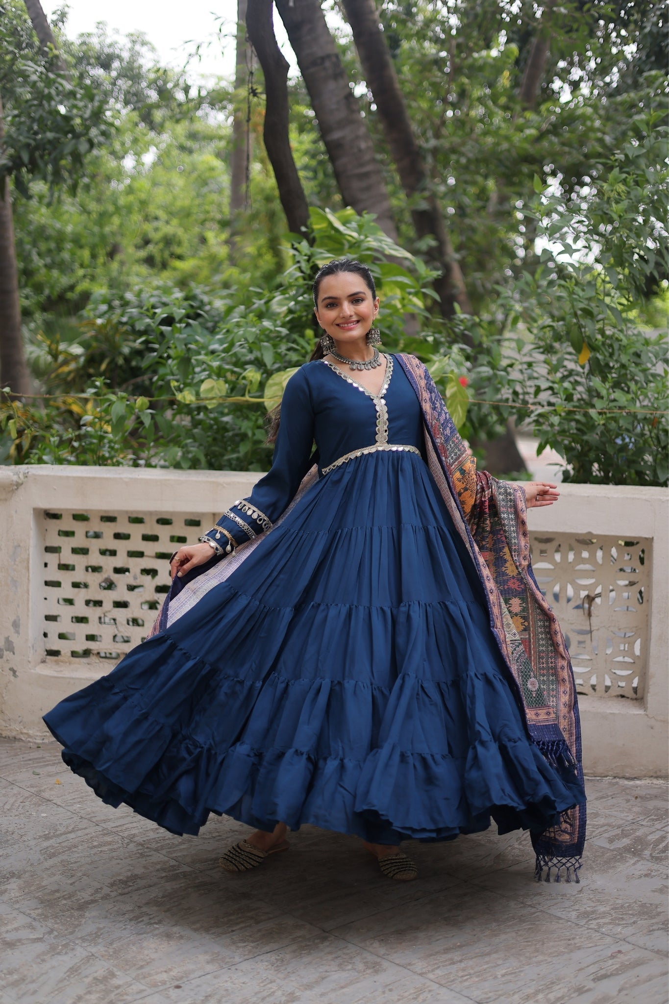 Beautiful Frill Stitching Designer Festival And Wedding Gown And Dupatta Set - ETHNICDEAL