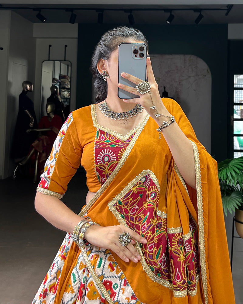 Mustard Pure Rayon Printed Silk Navratri Lehenga Choli for Women - ETHNICDEAL