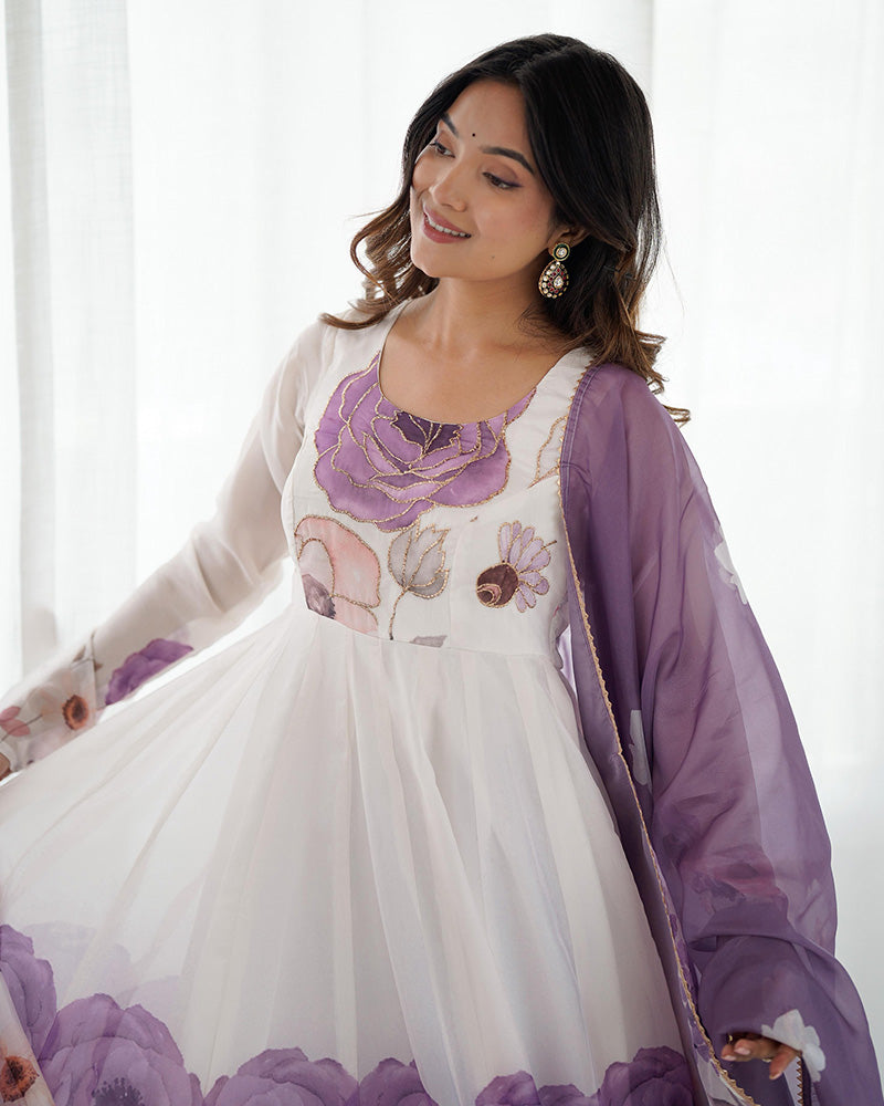 Violet Color Floral Pure Soft Tebby Organza Three Piece Anarkali Suit - ETHNICDEAL