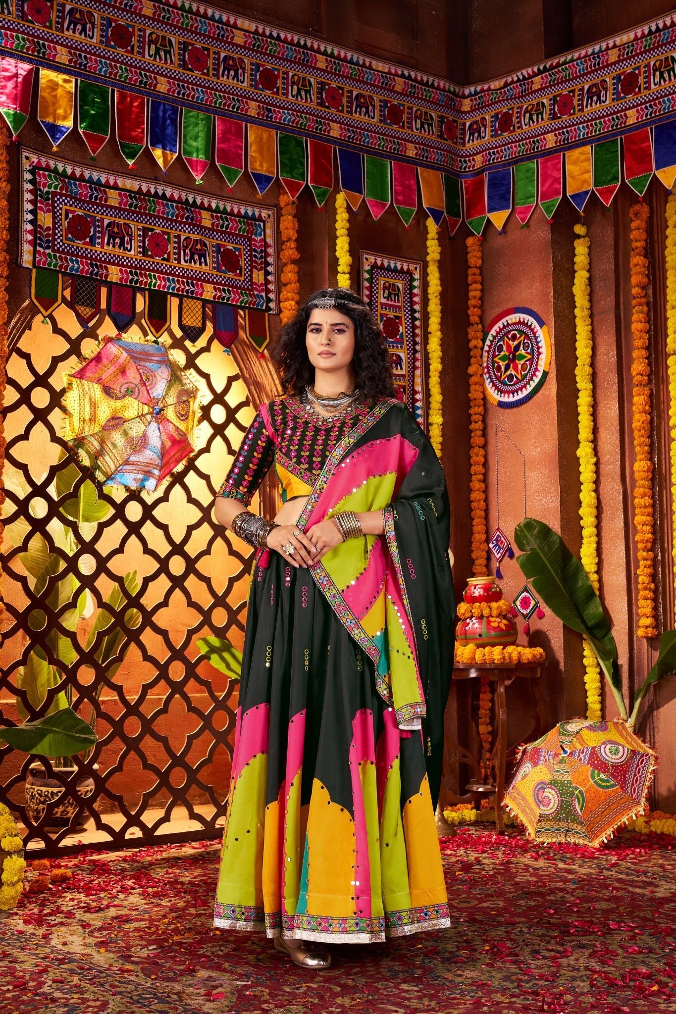 Designer Black Navratri Lehenga Choli Print With Mirror And Embroidery Work - ETHNICDEAL