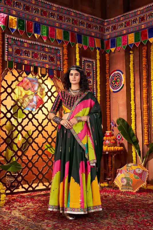 Designer Black Navratri Lehenga Choli Print With Mirror And Embroidery Work - ETHNICDEAL