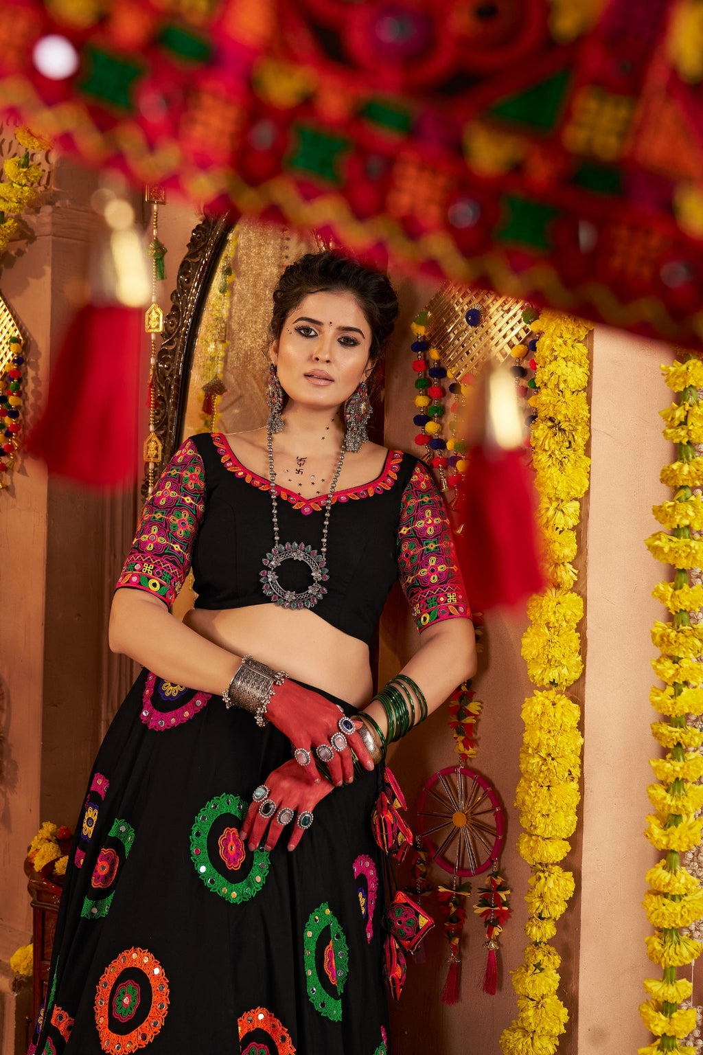 Viscose Cotton Elegant Thread Embroidered With Mirror Work Traditional Navratri Lehenga Choli - ETHNICDEAL