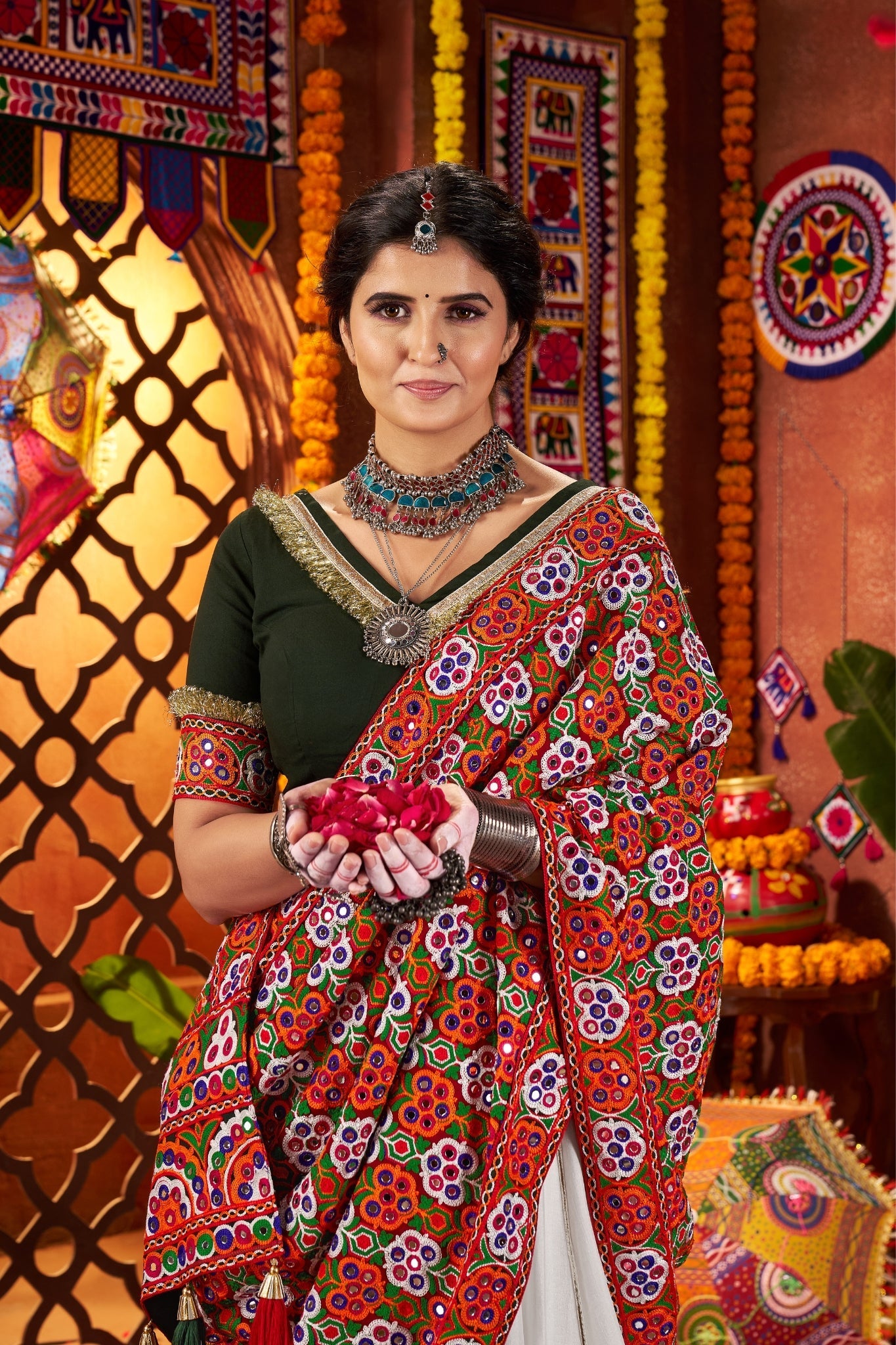 Beautiful White Designer Silk Navratri Special Lehenga Choli Set - ETHNICDEAL