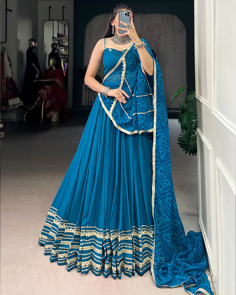 Classic Teal Blue Color Pure Rayon Navratri Lehenga Choli - ETHNICDEAL