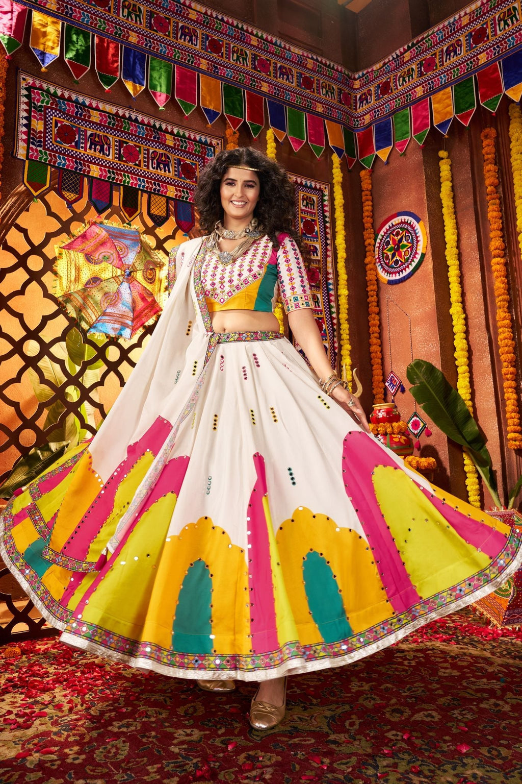 Designer White Lehenga Choli For Navratri With Mirror And Hand Embroidery Work - ETHNICDEAL