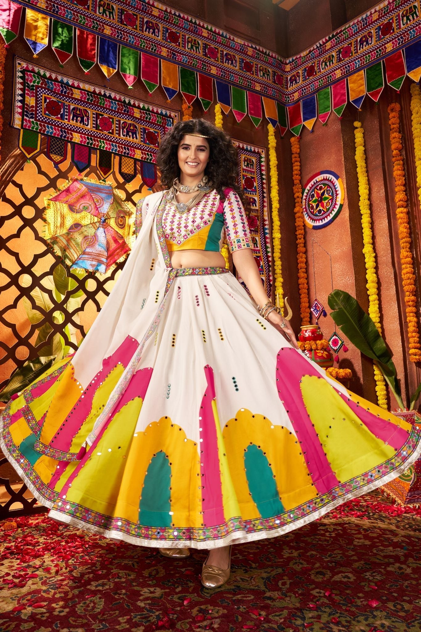 Designer White Lehenga Choli For Navratri With Mirror And Hand Embroidery Work - ETHNICDEAL
