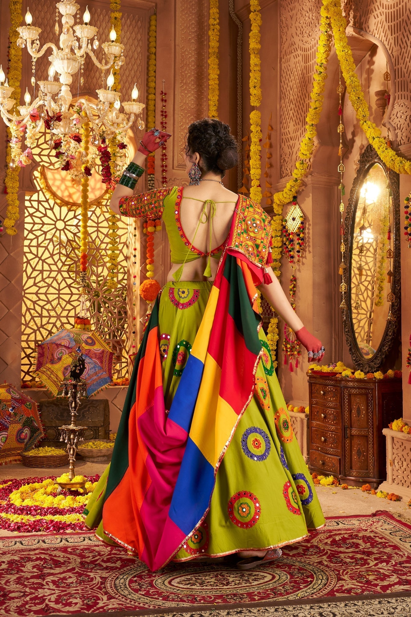 Viscose Cotton Elegant Thread Embroidered With Mirror Work Traditional Navratri Lehenga Choli - ETHNICDEAL