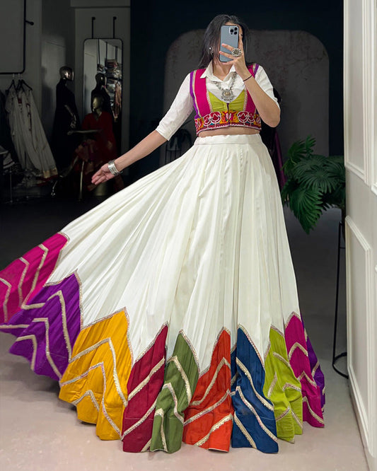 White Rayon Navratri Lehenga Choli WIth Multicolor Border - ETHNICDEAL