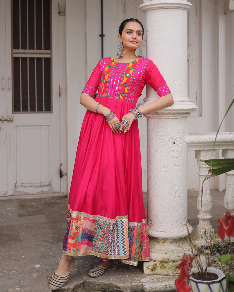 Colorful Border Pink Color Roman Silk Gamthi Work Navratri Gown - ETHNICDEAL