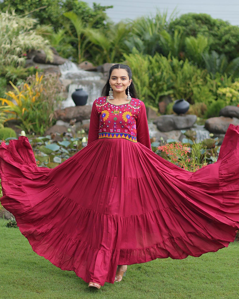 Mesmerizing Maroon Rayon Gamthi Style Navratri Gown for Women - ETHNICDEAL