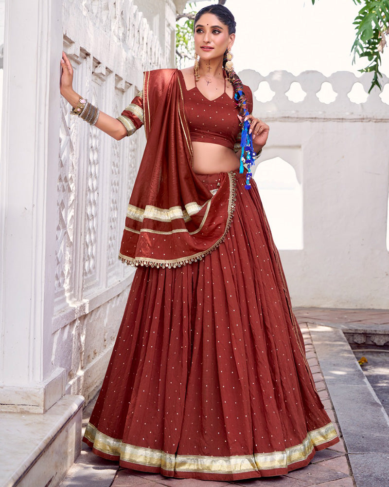 Classic Rust Orange Color Pure Chanderi Navratri Lehenga Choli - ETHNICDEAL