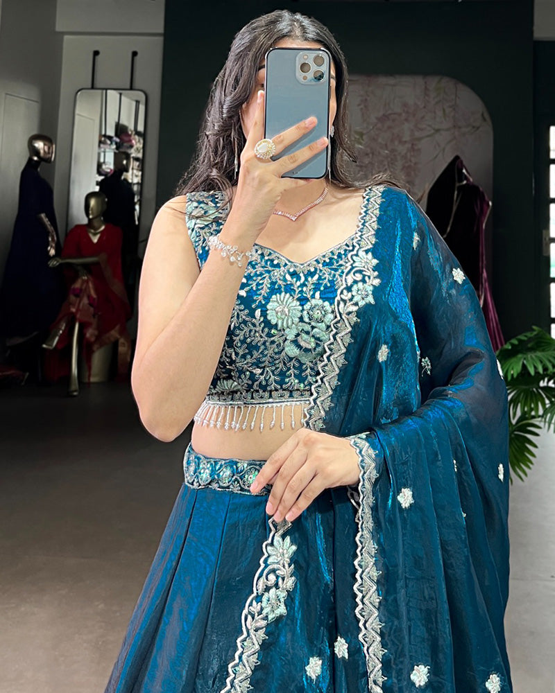 Festive Peacock Color Fendi Silk Embroidered Lehenga Choli - ETHNICDEAL