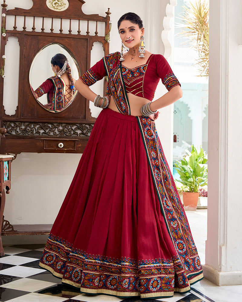 Designer Red Tussar Silk Full Stitched Lehenga Choli for Navratri Festival - ETHNICDEAL