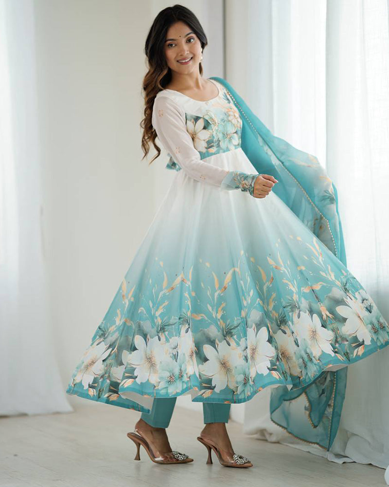 Aqua Blue Organza Anarkali Suit with Floral Print & Dupatta - ETHNICDEAL