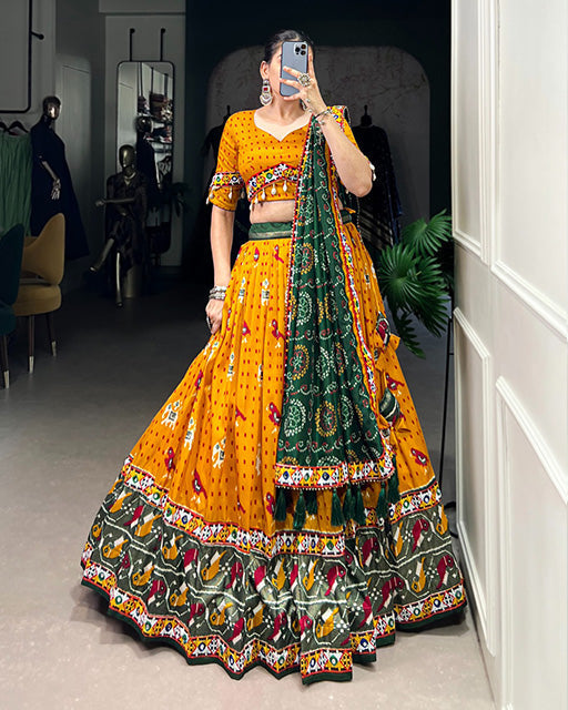 Mustard Color Tussar Silk Patola Printed Navratri Lehenga Choli - ETHNICDEAL