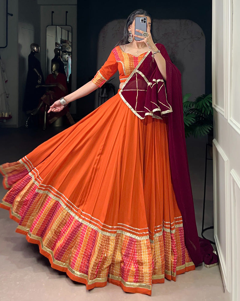 Orange Color Rayon Bnahdej Print Navratri Lehenga Choli - ETHNICDEAL