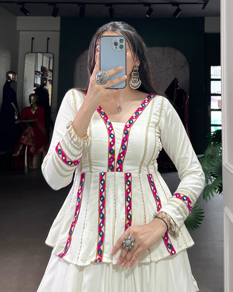 White Pure Rayon Embossed Navratri Lehenga Choli for Women - ETHNICDEAL