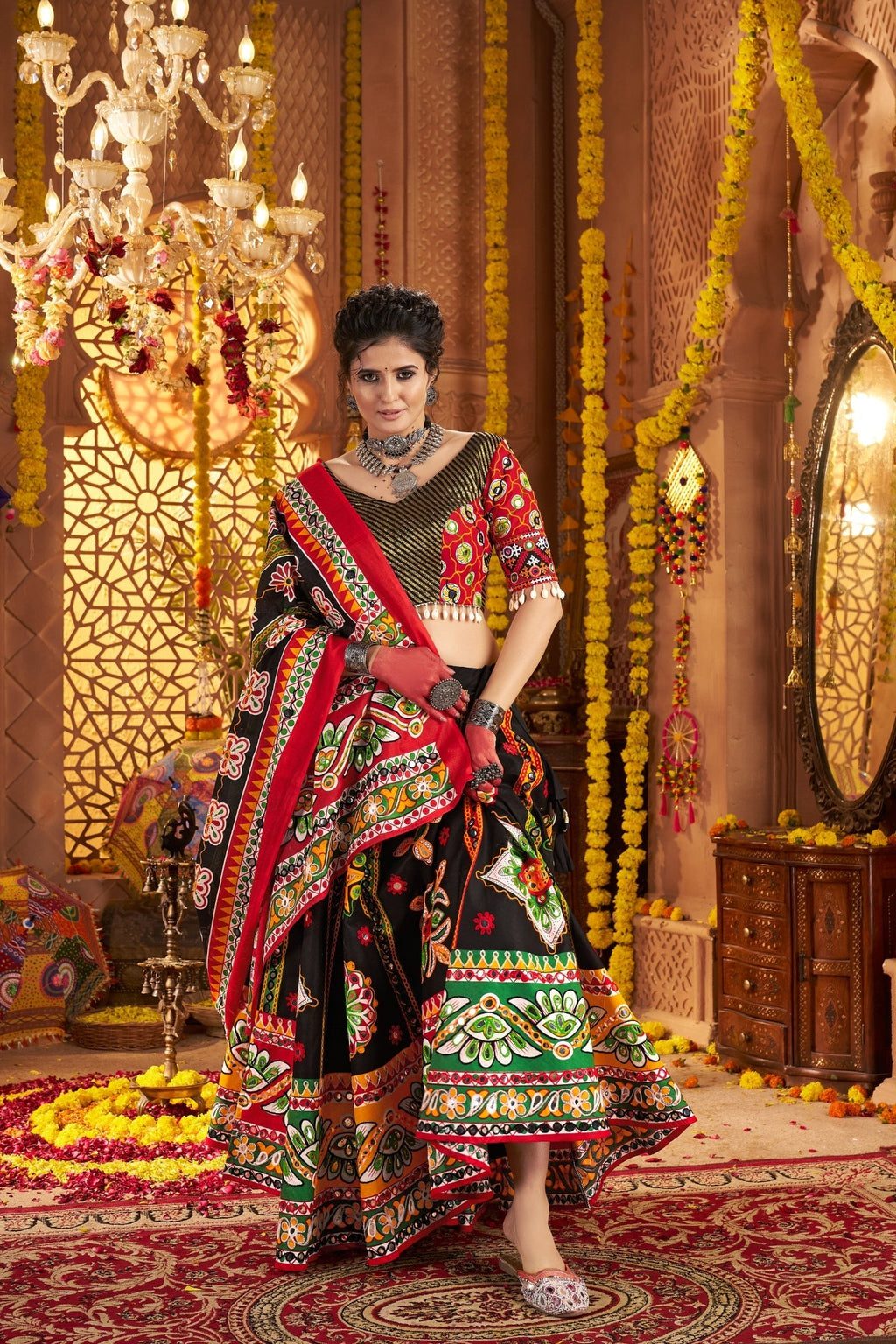 Black Designer Organic Cotton Stylish Navratri Lehenga Choli Set - ETHNICDEAL