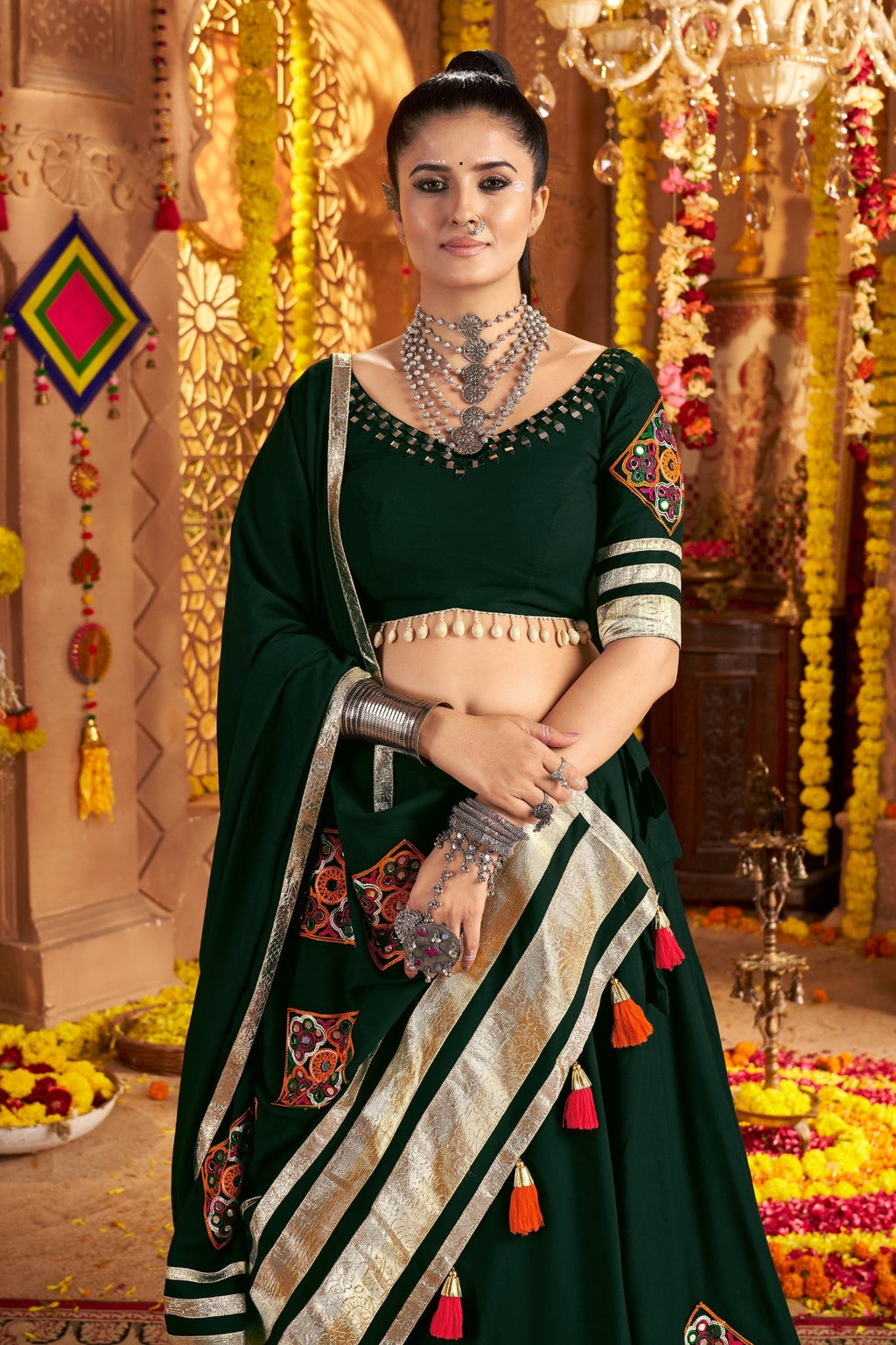 Green Thread Embroidered With Hand Mirror Work Navratri Festive Readymade Lehenga Choli - ETHNICDEAL