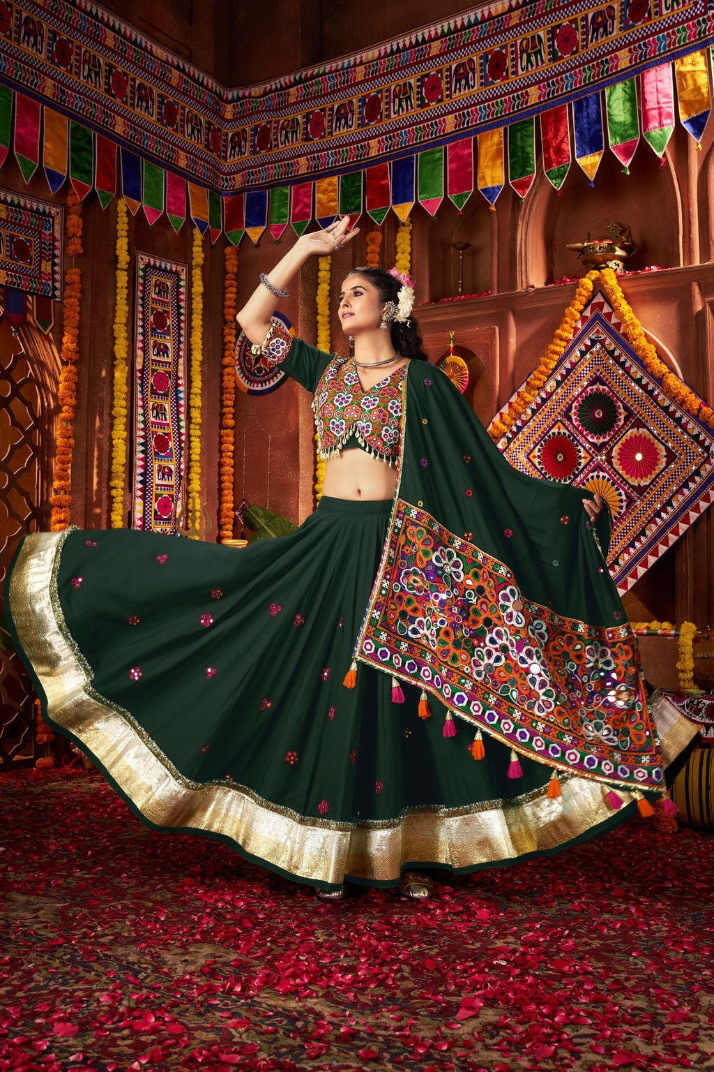 Premium Designer Green Viscose Cotton Thread With Mirror Work Navratri Lehenga Choli - ETHNICDEAL