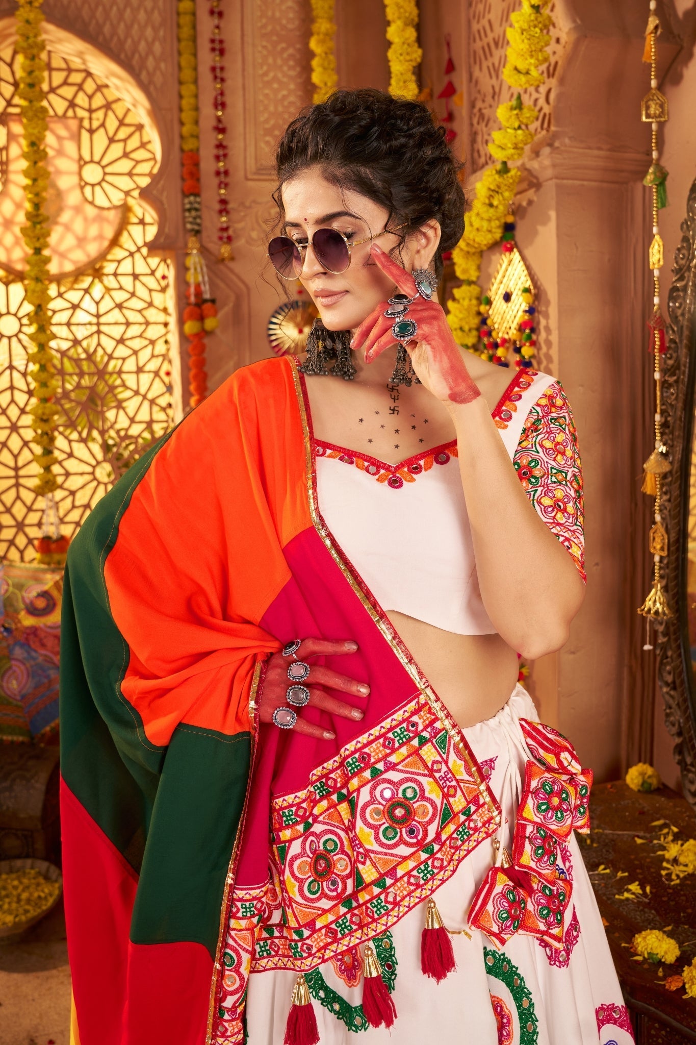 Viscose Cotton Elegant Thread Embroidered With Mirror Work Traditional Navratri Lehenga Choli - ETHNICDEAL