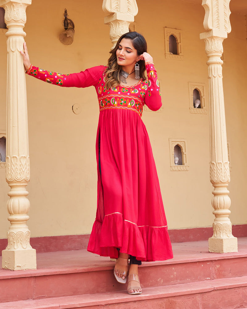 Designer Red Pure Rayon Embroidered Kurti for Navratri Festival - ETHNICDEAL