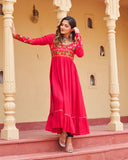 Designer Red Pure Rayon Embroidered Kurti for Navratri Festival - ETHNICDEAL