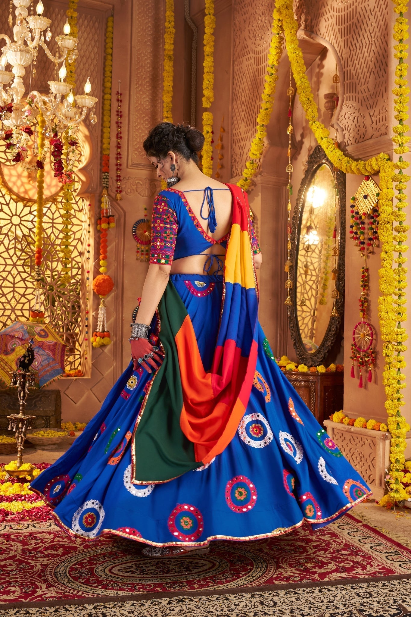 Viscose Cotton Elegant Thread Embroidered With Mirror Work Traditional Navratri Lehenga Choli - ETHNICDEAL