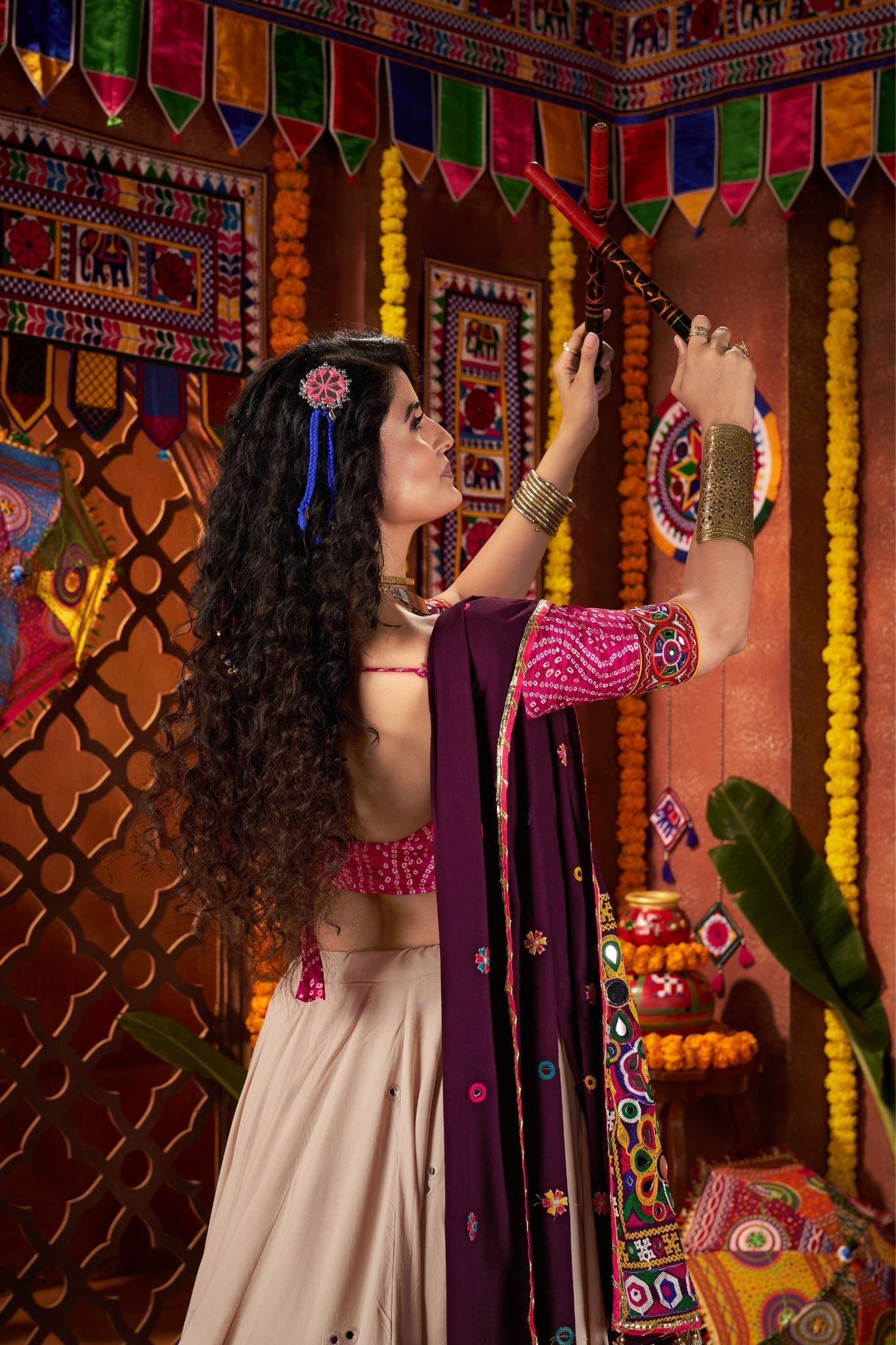 Navratri Special Kutchi Mirror Work Beige Lehenga Choli In Viscose Cotton - ETHNICDEAL