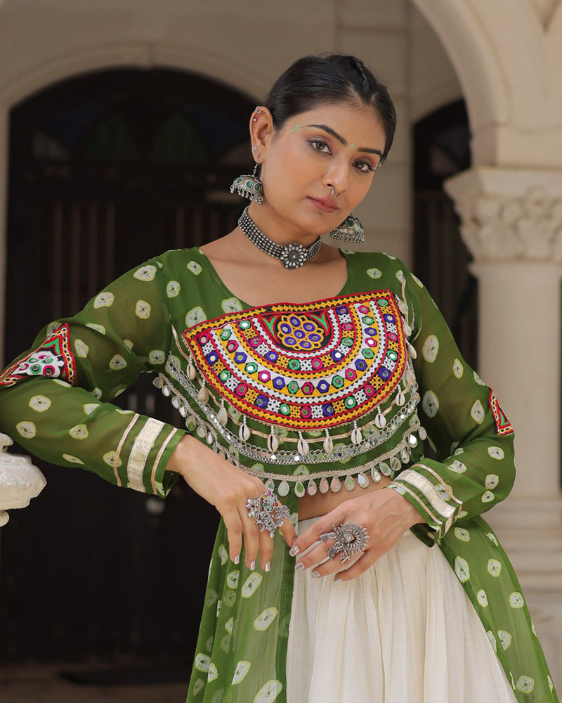 Parrot Green Color Bandhani Print Kurti With Kora Cotton Lehenga - ETHNICDEAL