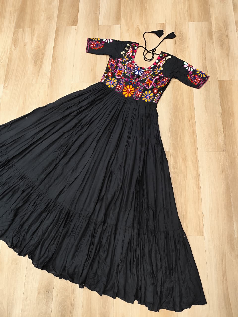 Black Rayon Kutchi Gamthi Embroidered Navratri Gown for Women - ETHNICDEAL