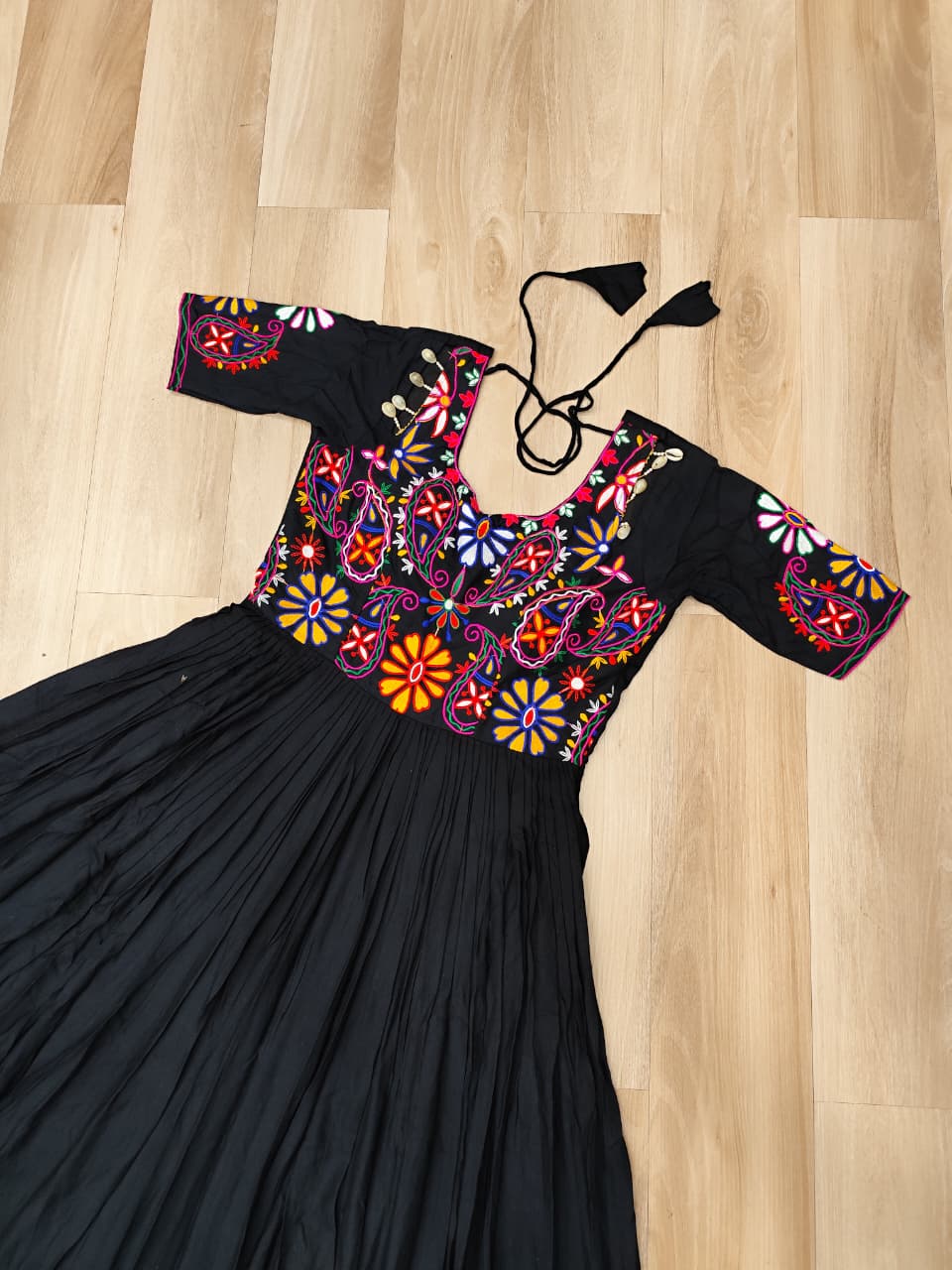 Black Rayon Kutchi Gamthi Embroidered Navratri Gown for Women - ETHNICDEAL