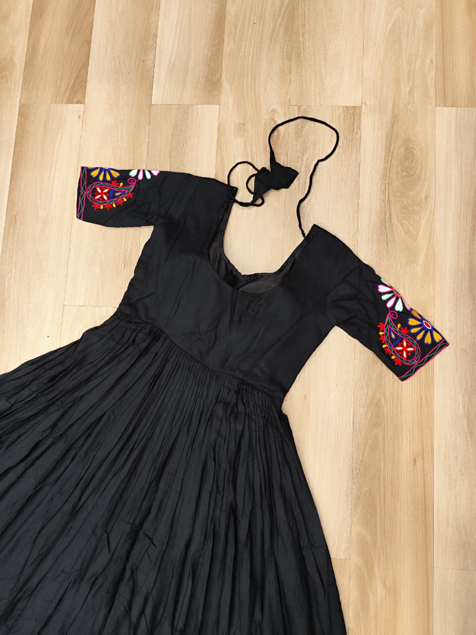 Black Rayon Kutchi Gamthi Embroidered Navratri Gown for Women - ETHNICDEAL