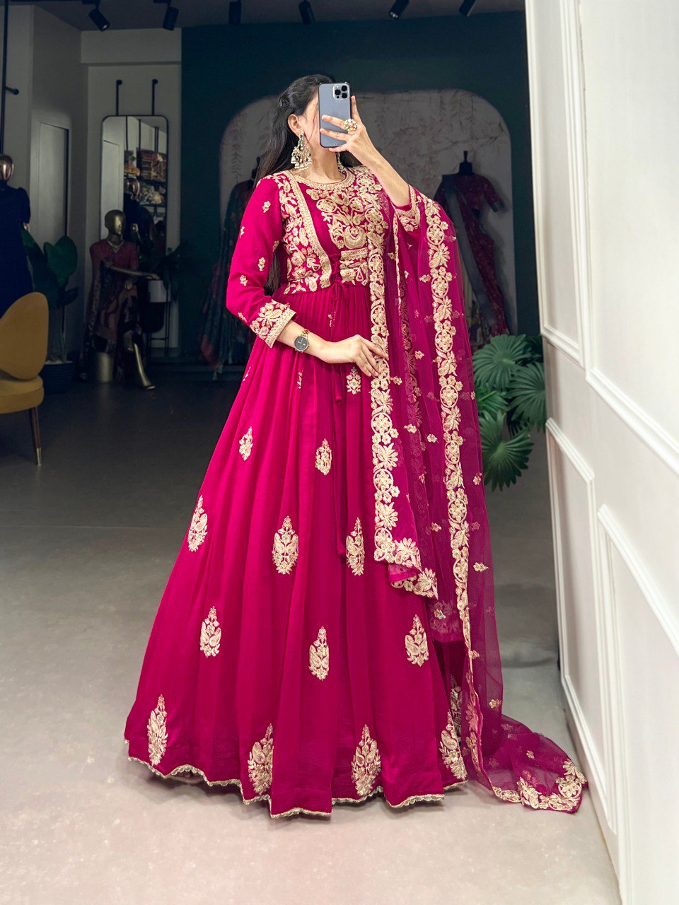 Enchanting Pink Vichitra Silk Thread Embroidered Gown With Dupatta - ETHNICDEAL