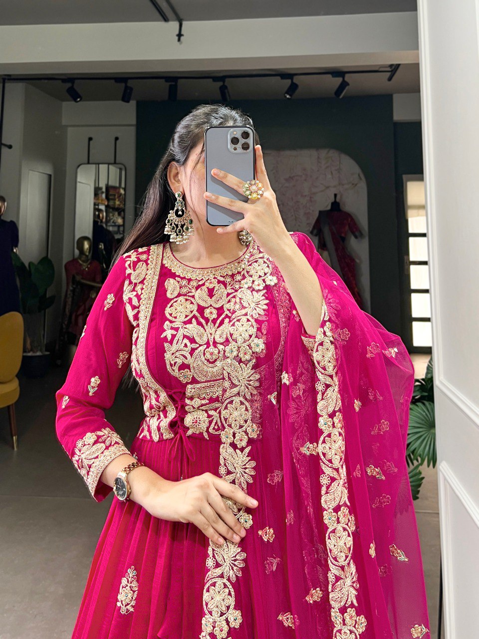 Enchanting Pink Vichitra Silk Thread Embroidered Gown With Dupatta - ETHNICDEAL