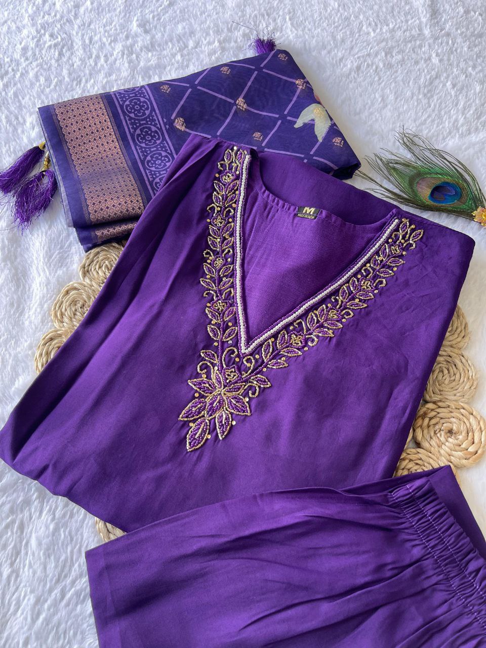 Lovely Purple Roman Silk Handworked Kurta Pant Dupatta Set - Ethnicwish