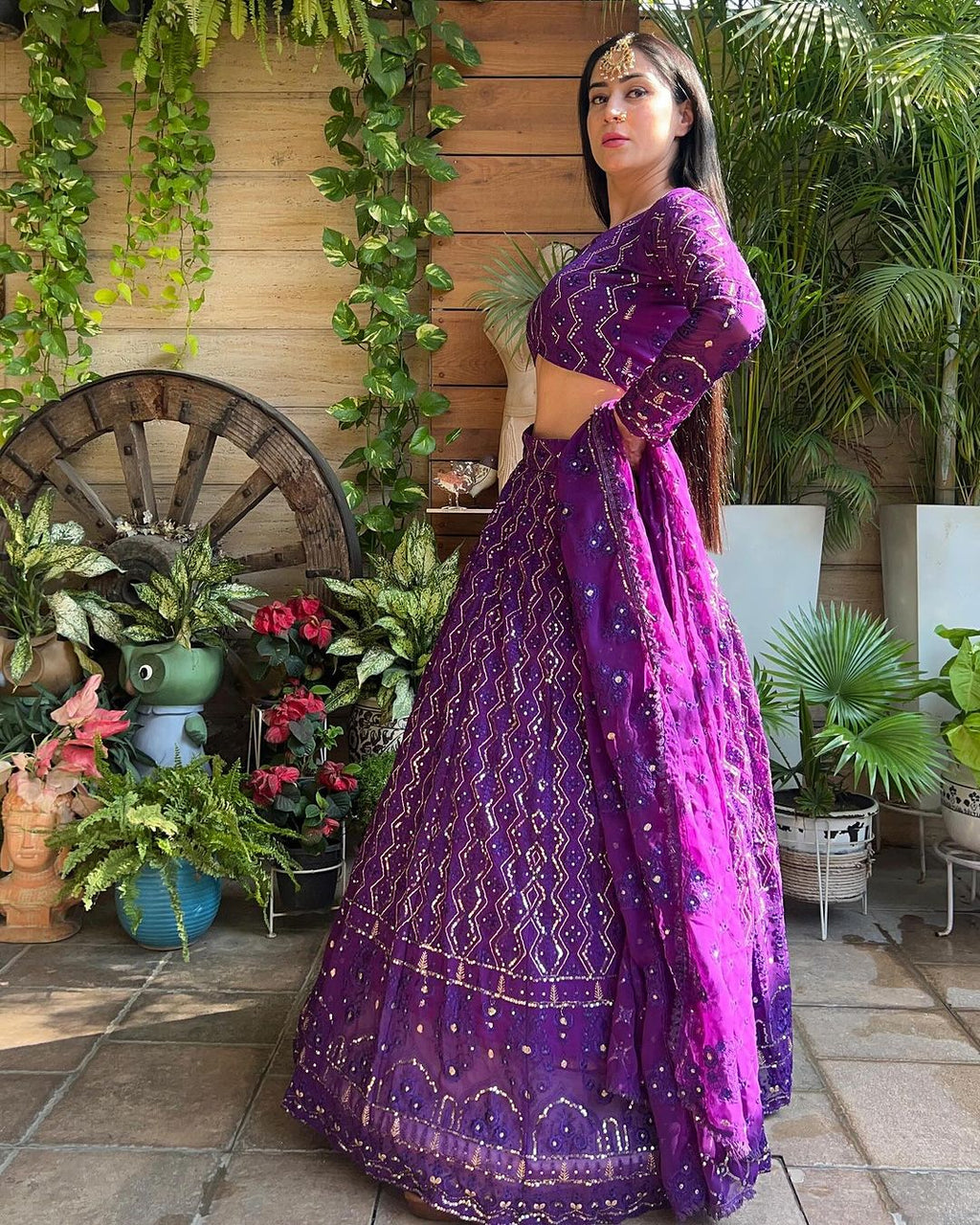 Magnificent Purple Heavy Sequins Embroidered Georgette Lehenga Choli - Ethnicwish