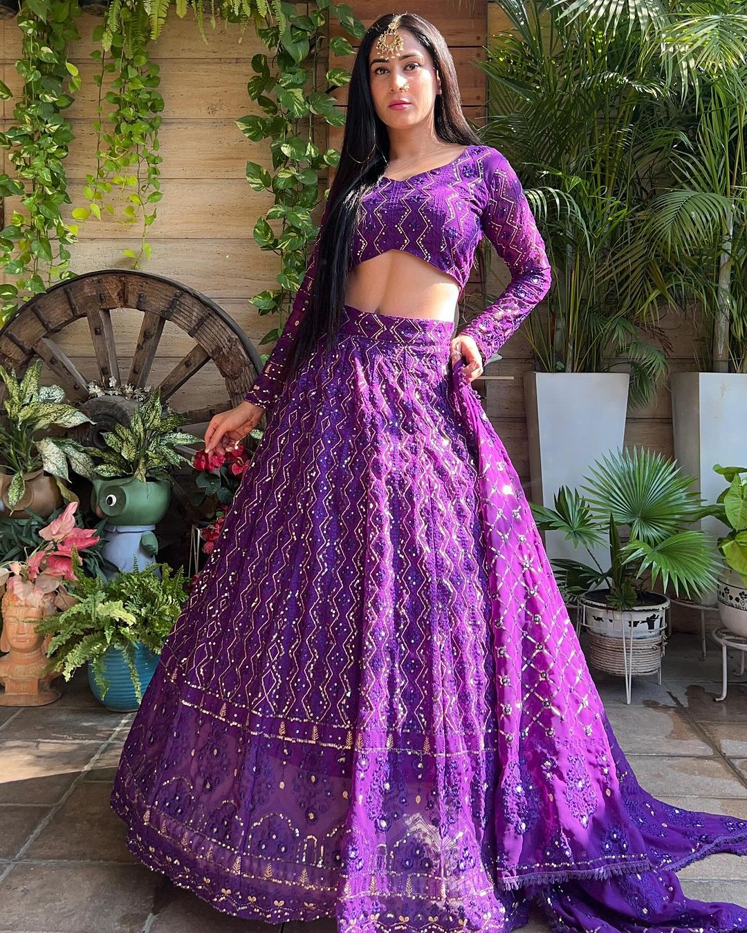Magnificent Purple Heavy Sequins Embroidered Georgette Lehenga Choli - Ethnicwish