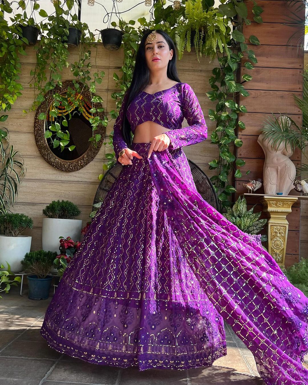 Magnificent Purple Heavy Sequins Embroidered Georgette Lehenga Choli - Ethnicwish