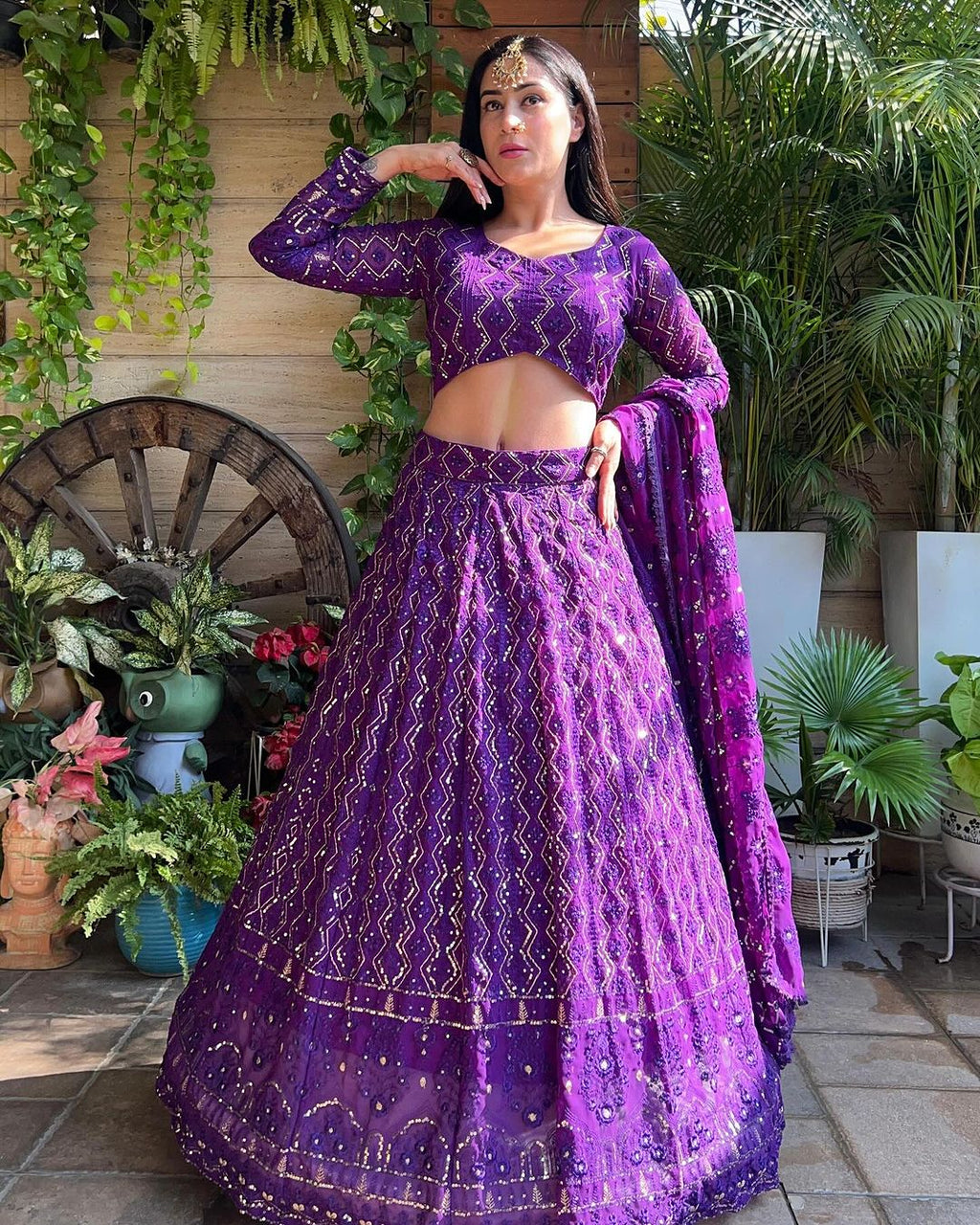 Magnificent Purple Heavy Sequins Embroidered Georgette Lehenga Choli - Ethnicwish