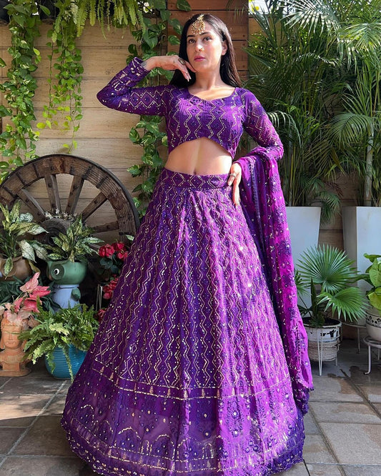 Magnificent Purple Heavy Sequins Embroidered Georgette Lehenga Choli - Ethnicwish