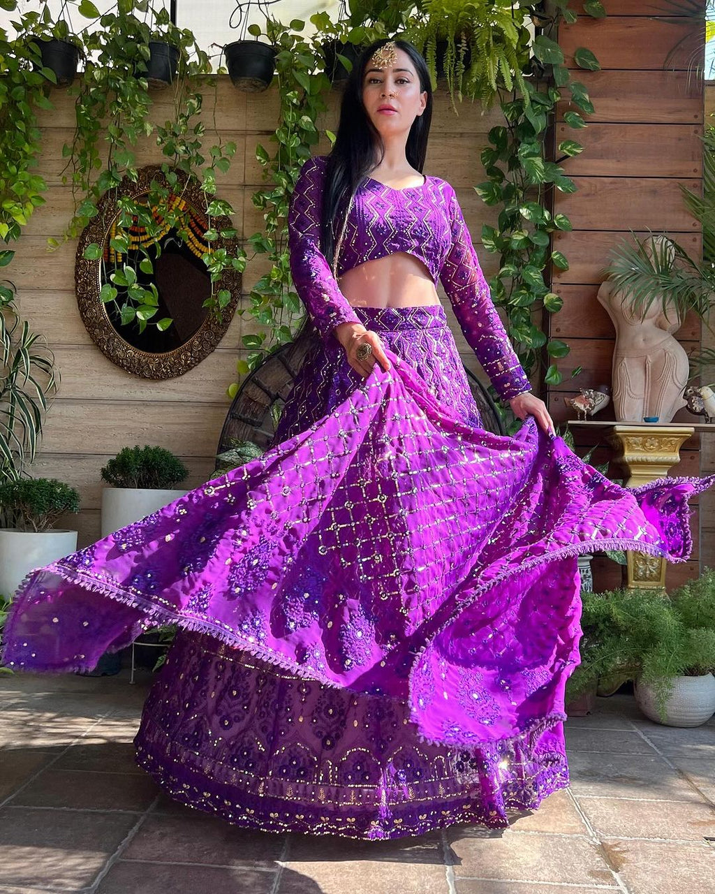 Magnificent Purple Heavy Sequins Embroidered Georgette Lehenga Choli - Ethnicwish