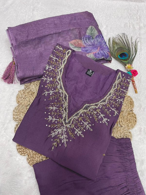 Fabulous Light Purple Roman Silk Handworked Kurta Pant Dupatta Set - Ethnicwish