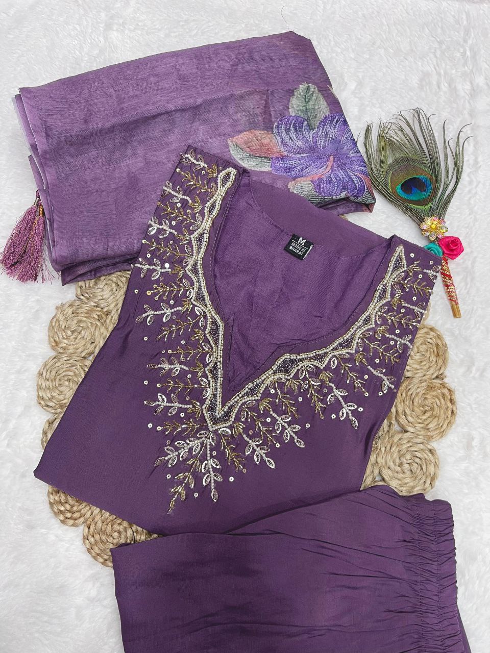 Fabulous Light Purple Roman Silk Handworked Kurta Pant Dupatta Set - Ethnicwish