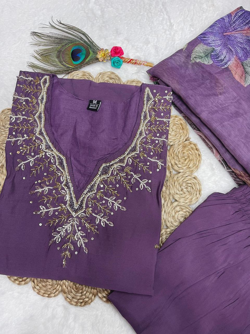 Fabulous Light Purple Roman Silk Handworked Kurta Pant Dupatta Set - Ethnicwish