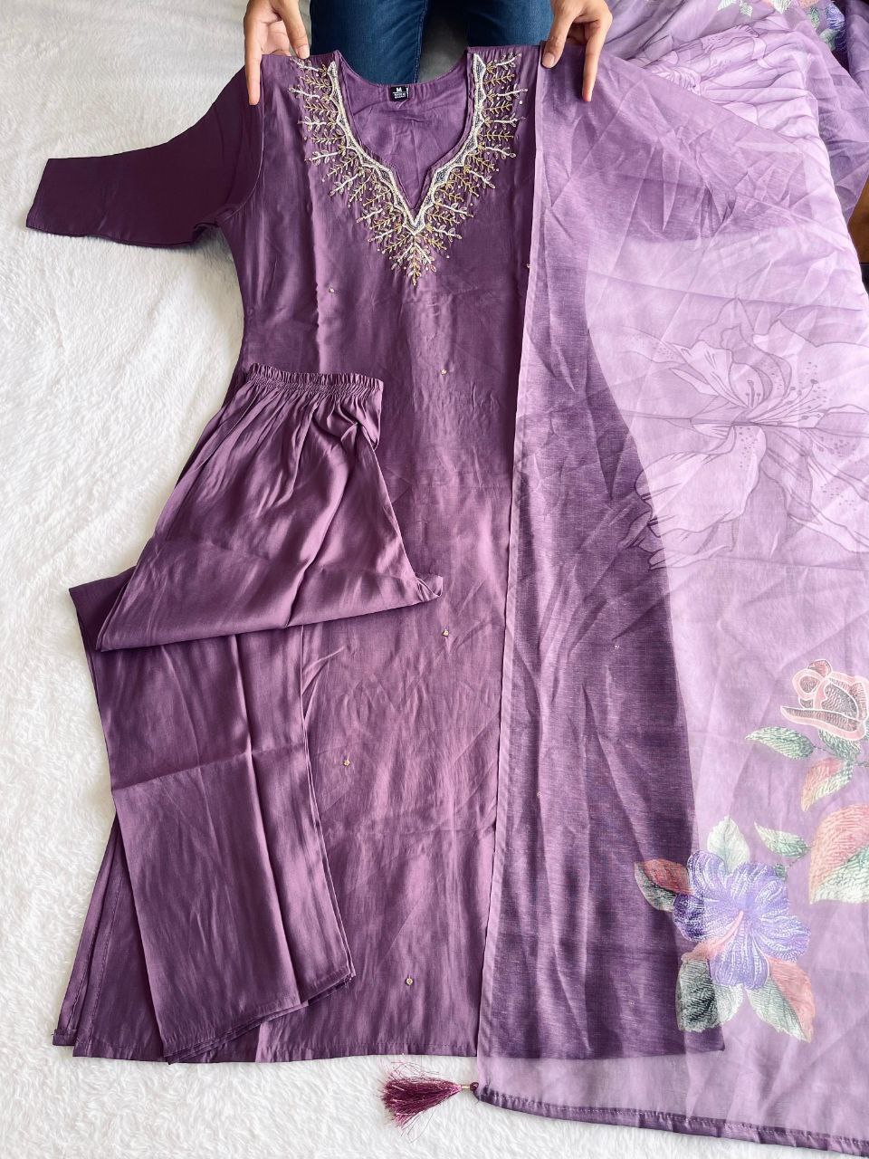 Fabulous Light Purple Roman Silk Handworked Kurta Pant Dupatta Set - Ethnicwish