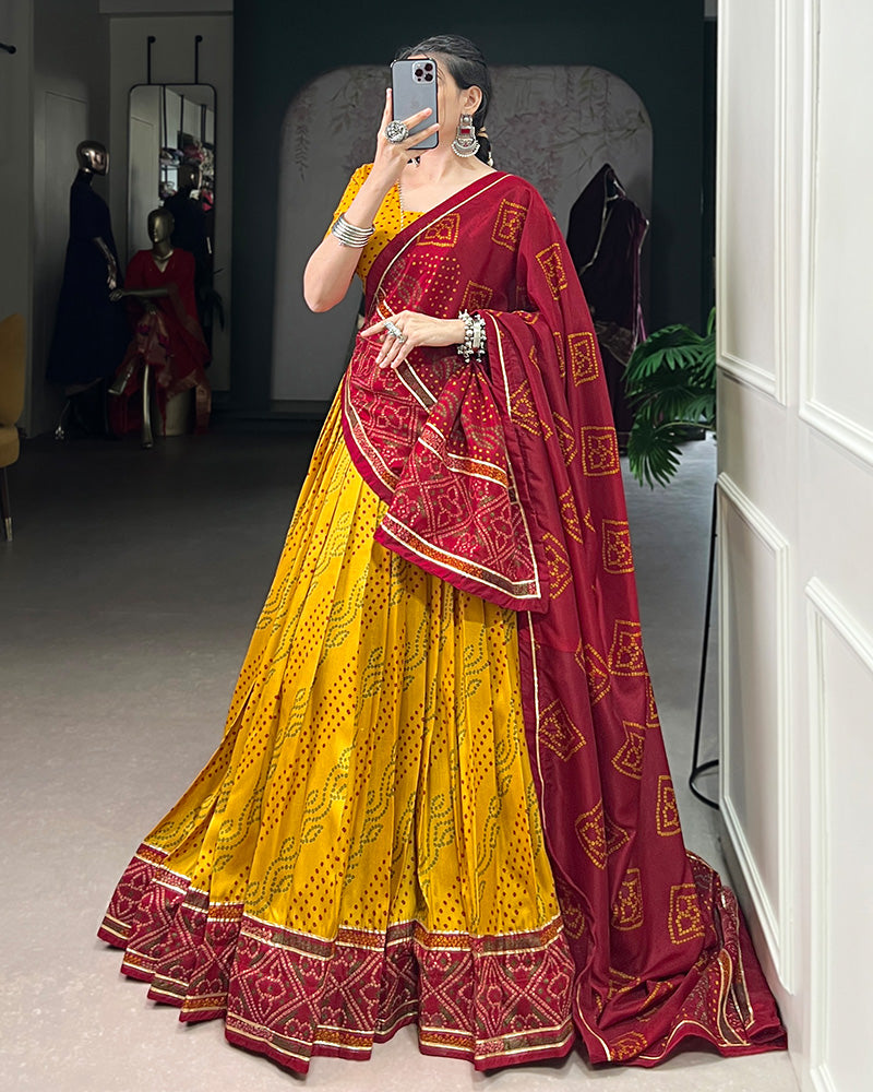 Yellow Tussar Silk Bandhej Lehenga Choli for Navratri Festival Wear - ETHNICDEAL