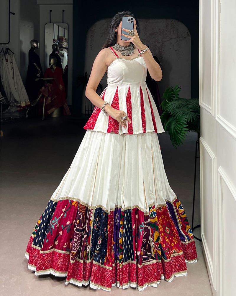 Graceful White Navratri Lehenga Choli With Traditional Prints - ETHNICDEAL