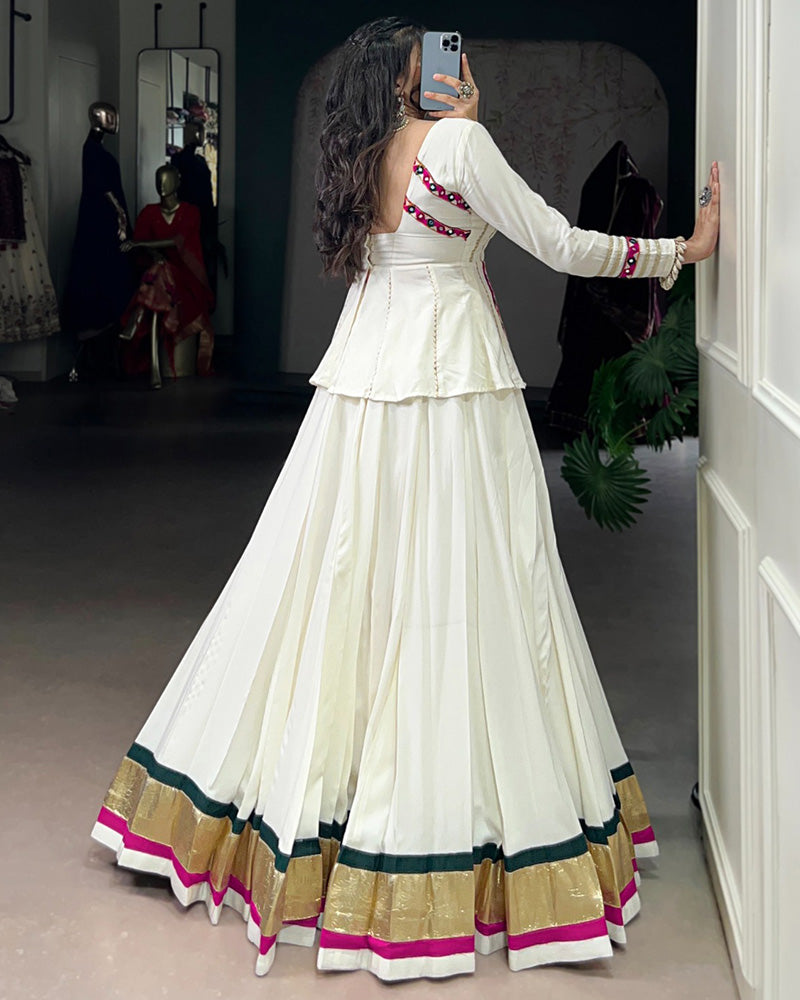 White Pure Rayon Embossed Navratri Lehenga Choli for Women - ETHNICDEAL