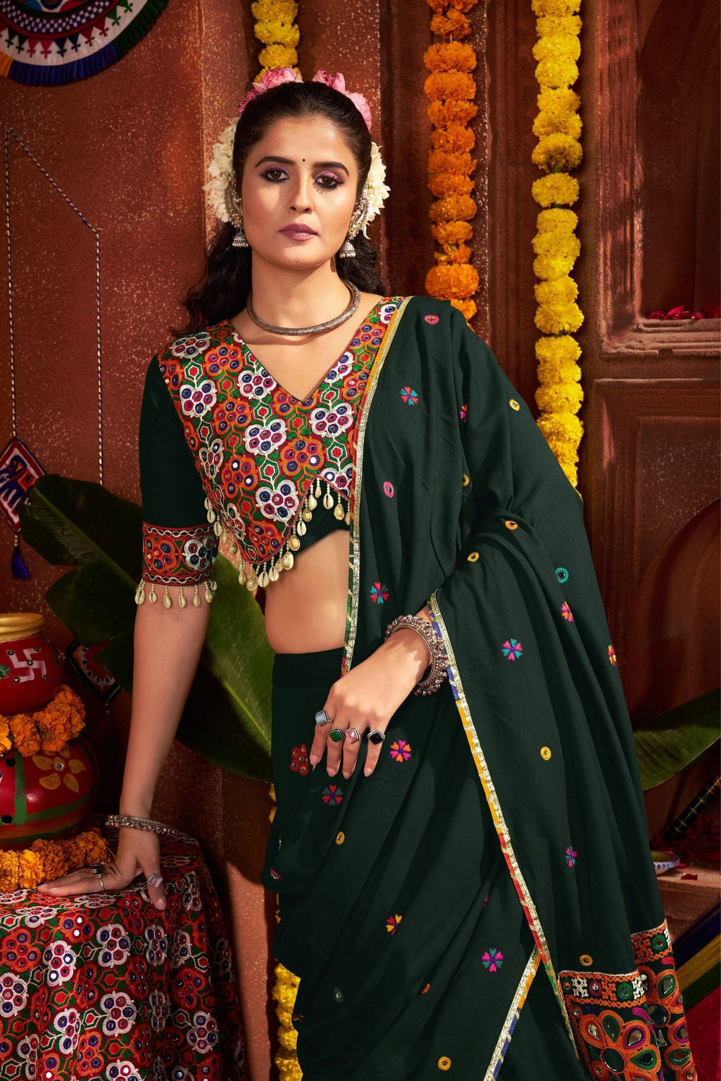 Premium Designer Green Viscose Cotton Thread With Mirror Work Navratri Lehenga Choli - ETHNICDEAL